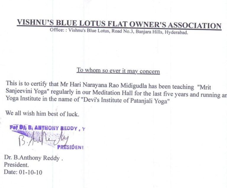 Vishnus Blue Lotus Flat Owners Association Testimonial